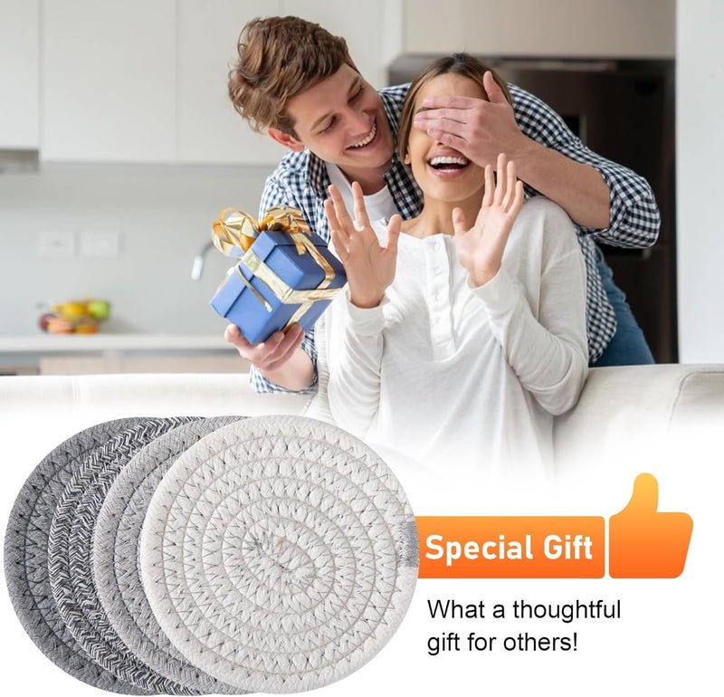 OIAHOMY 8 Pcs Coasters with Holder, Coasters for Drinks, Woven Cotton Absorbent Coaster Set for Kinds of Cups, Housewarming Gifts for Home Decor -Grey - Image 5