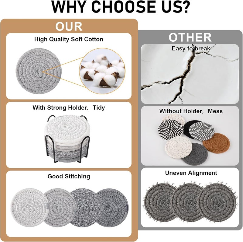OIAHOMY 8 Pcs Coasters with Holder, Coasters for Drinks, Woven Cotton Absorbent Coaster Set for Kinds of Cups, Housewarming Gifts for Home Decor -Grey - Image 3
