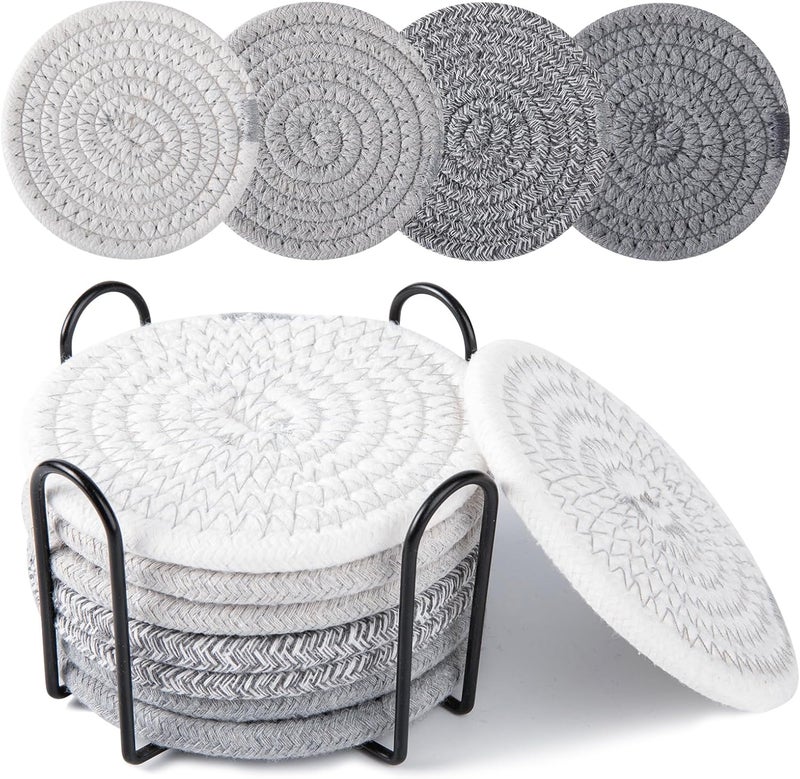 OIAHOMY 8 Pcs Coasters with Holder, Coasters for Drinks, Woven Cotton Absorbent Coaster Set for Kinds of Cups, Housewarming Gifts for Home Decor -Grey - Image 1