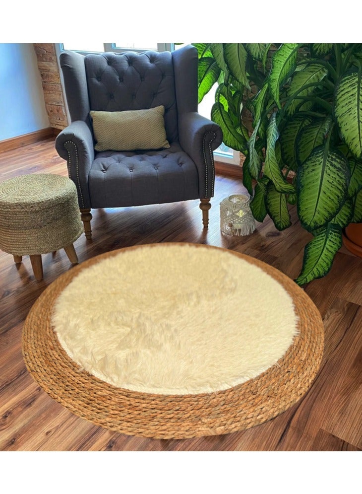 HOME TASTE Handmade Natural Jute Rug with Fluffy Wool Surface | Soft Round Area Rug for Living Room & Bedroom | 100 cm Beige  - Image 1