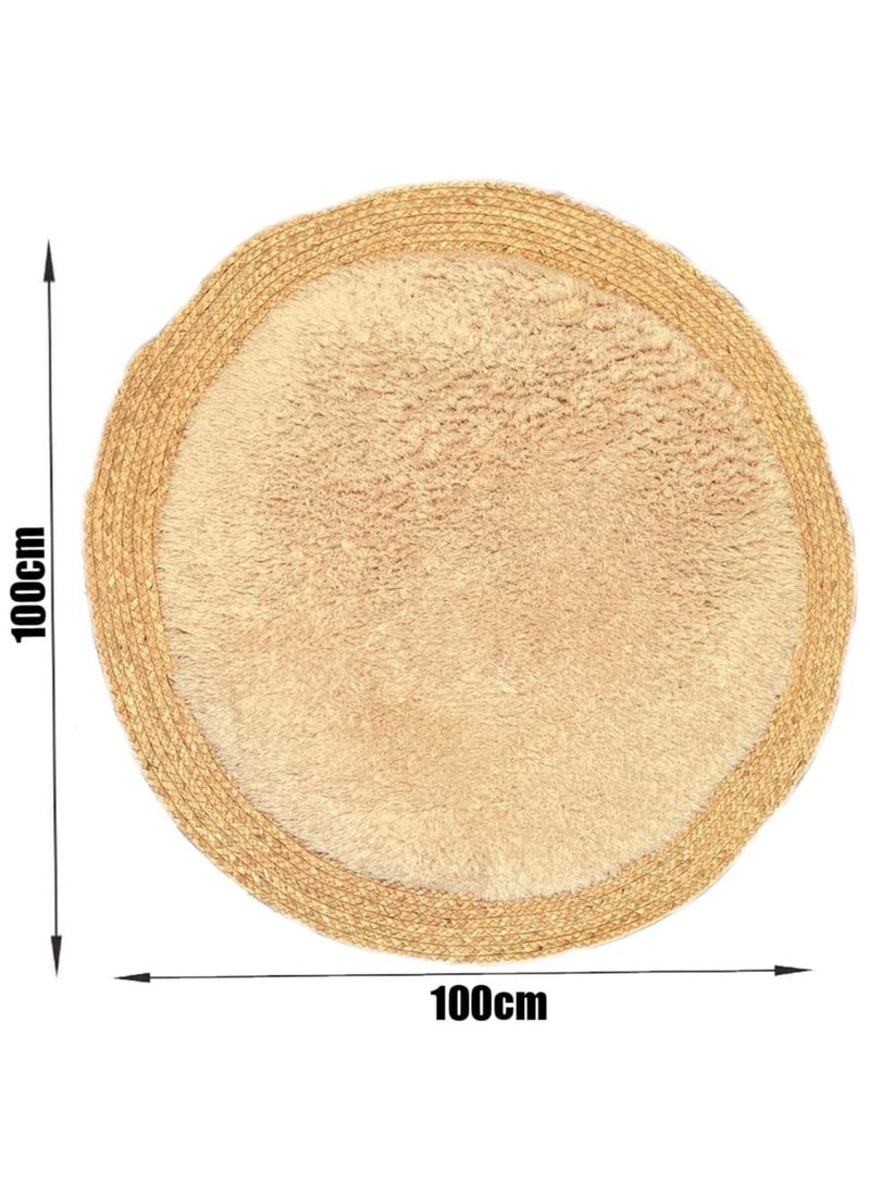 HOME TASTE Handmade Natural Jute Rug with Fluffy Wool Surface | Soft Round Area Rug for Living Room & Bedroom | 100 cm Beige  - Image 2