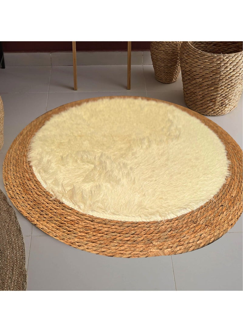 HOME TASTE Handmade Natural Jute Rug with Fluffy Wool Surface | Soft Round Area Rug for Living Room & Bedroom | 100 cm Beige  - Image 3