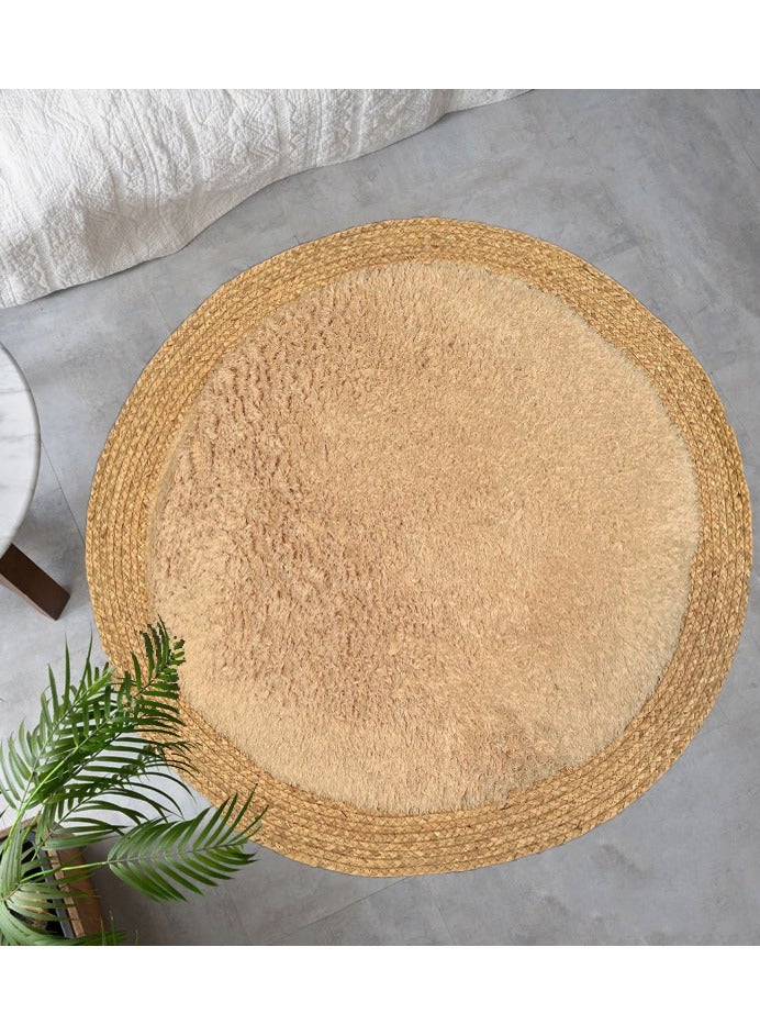 HOME TASTE Handmade Natural Jute Rug with Fluffy Wool Surface | Soft Round Area Rug for Living Room & Bedroom | 100 cm Beige  - Image 4