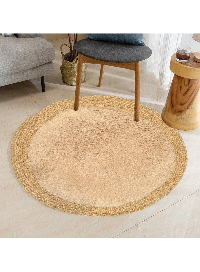 HOME TASTE Handmade Natural Jute Rug with Fluffy Wool Surface | Soft Round Area Rug for Living Room & Bedroom | 100 cm Beige  - Image 5