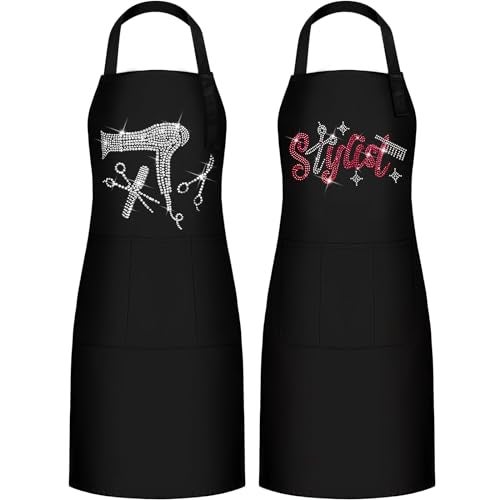 Coume 2 Pcs Hair Stylist Apron Hairstylist Salon Apron with Rhinestone Tools 3 Pockets Waterproof Hairdresser Barber(Rose Red,Trendy and Simple Style) - Image 1