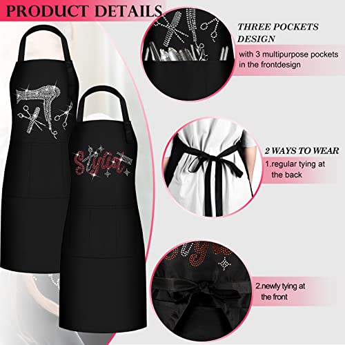 Coume 2 Pcs Hair Stylist Apron Hairstylist Salon Apron with Rhinestone Tools 3 Pockets Waterproof Hairdresser Barber(Rose Red,Trendy and Simple Style) - Image 5