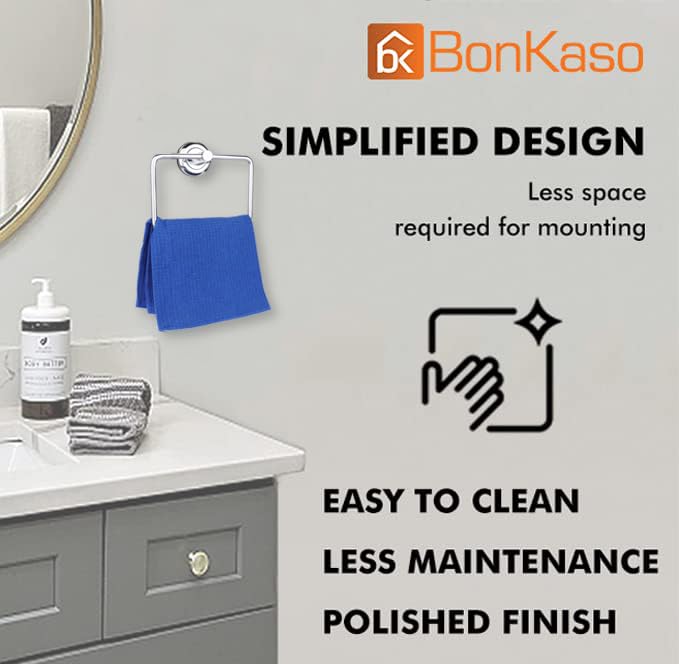 BonKaso Stainless Steel Square Towel Ring/Napkin Holder for Bathroom, Wash Basin & Kitchen – Wall Mounted, Rust-Resistant, Chrome Finish (FL-02S) – Pack of 1 - Image 3