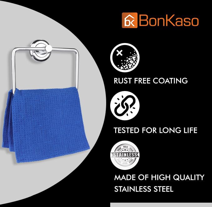 BonKaso Stainless Steel Square Towel Ring/Napkin Holder for Bathroom, Wash Basin & Kitchen – Wall Mounted, Rust-Resistant, Chrome Finish (FL-02S) – Pack of 1 - Image 2