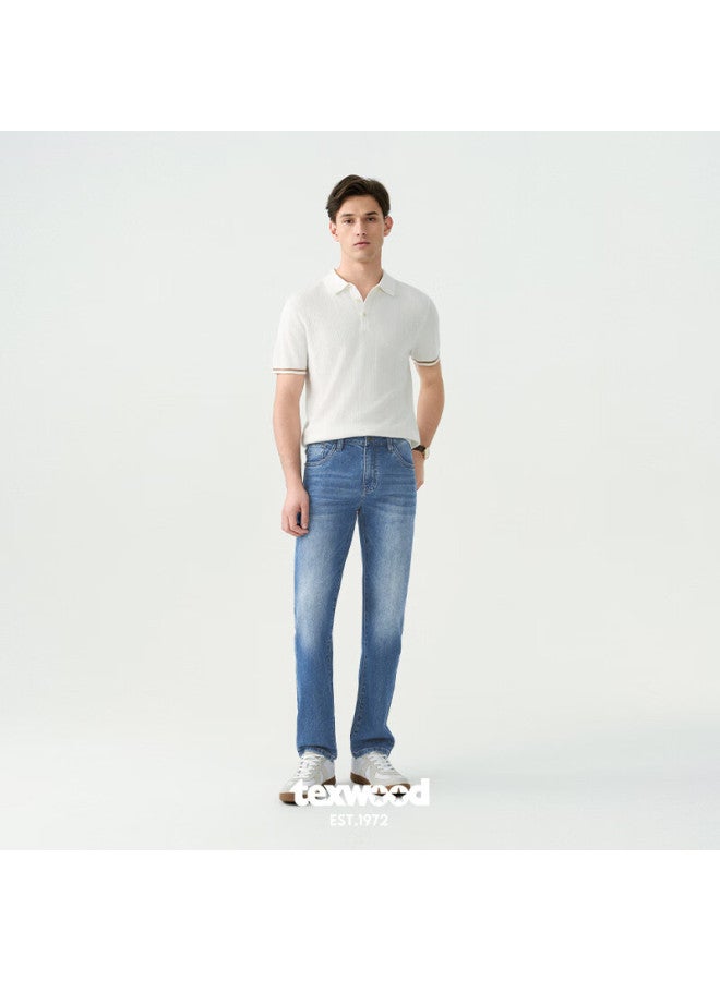 Texwood Apple Men's Denim Jeans High Elasticity Mulberry Silk Lyocell Casual Straight Vintage Pants Medium Blue 29 - Image 3