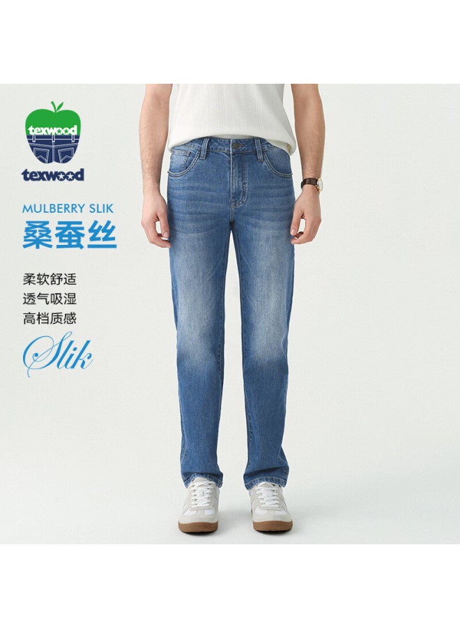 Texwood Apple Men's Denim Jeans High Elasticity Mulberry Silk Lyocell Casual Straight Vintage Pants Medium Blue 29 - Image 1