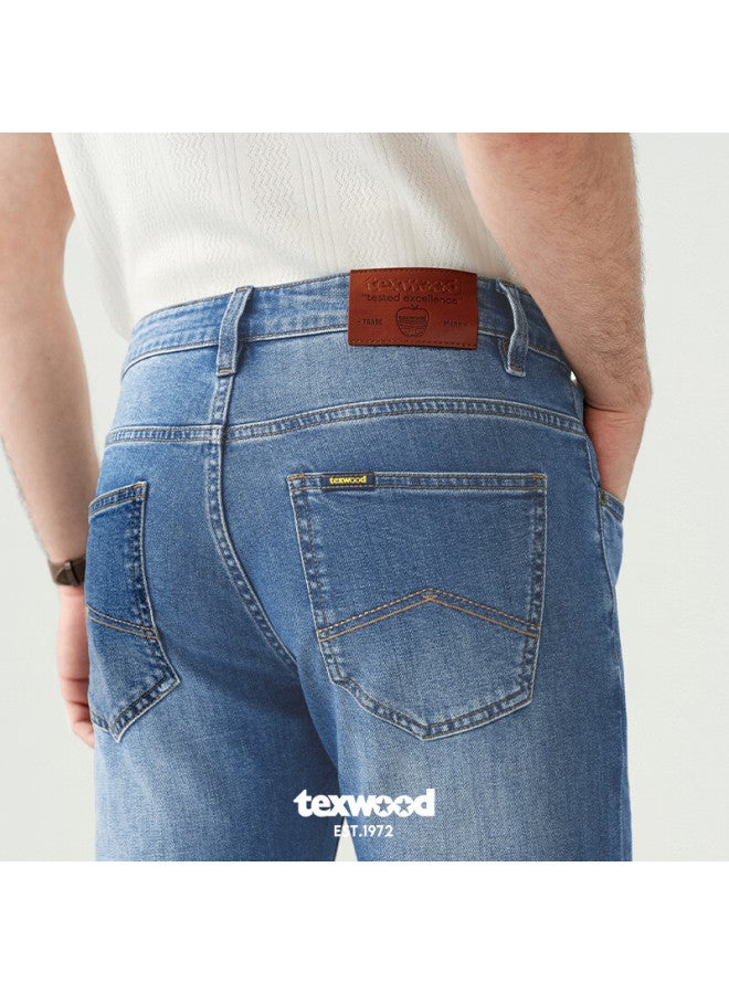 Texwood Apple Men's Denim Jeans High Elasticity Mulberry Silk Lyocell Casual Straight Vintage Pants Medium Blue 29 - Image 2