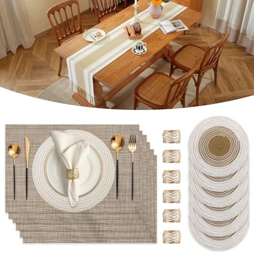 SK Studio 19Pcs Boho Table Runner Placemat and Napkin Ring Set Rectangle and Round Meal Mats Macrame Table Runner with Tassels for Wedding Kitchen Dining, Beige - Image 1