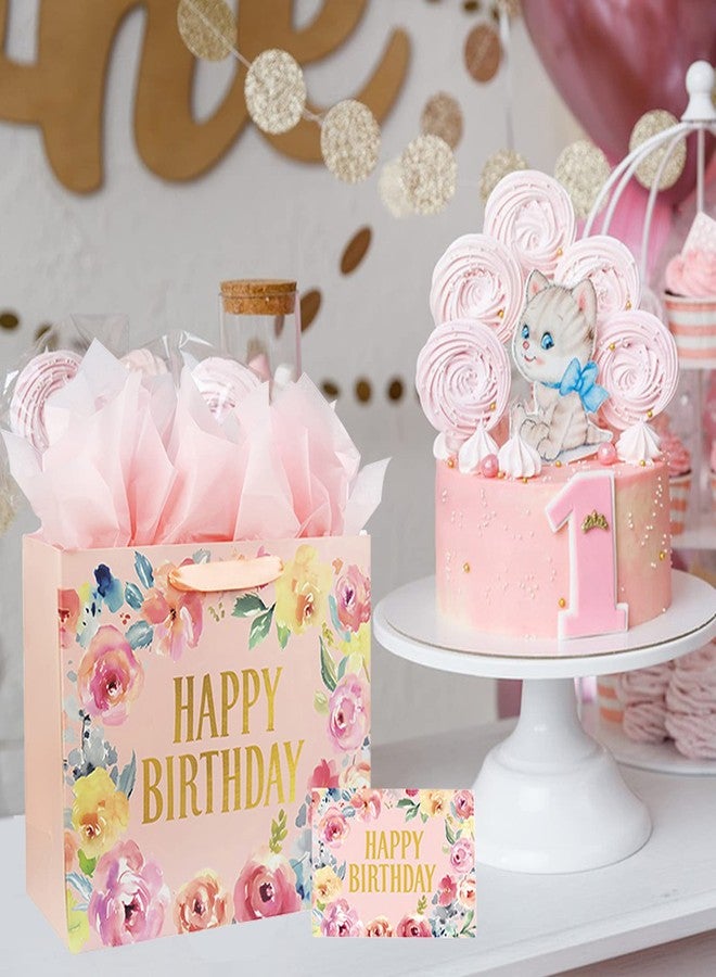 Laidans 13" Large Happy Birthday Gift Bag with Card and Tissue Papers, Handles Floral Design for Women Girls Birthday Party (13" Pink) - Image 5