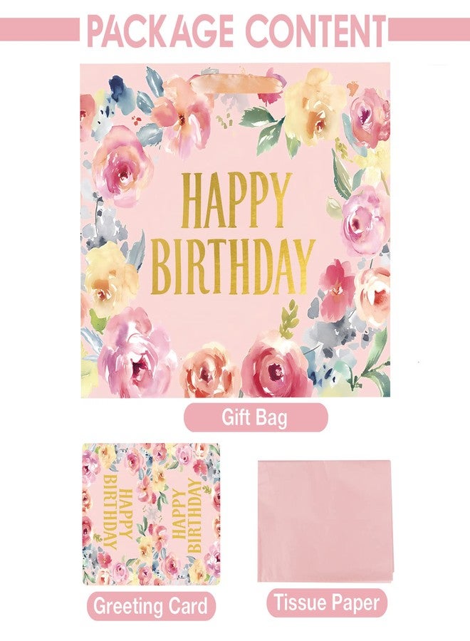 Laidans 13" Large Happy Birthday Gift Bag with Card and Tissue Papers, Handles Floral Design for Women Girls Birthday Party (13" Pink) - Image 4