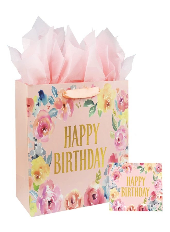 Laidans 13" Large Happy Birthday Gift Bag with Card and Tissue Papers, Handles Floral Design for Women Girls Birthday Party (13" Pink) - Image 1