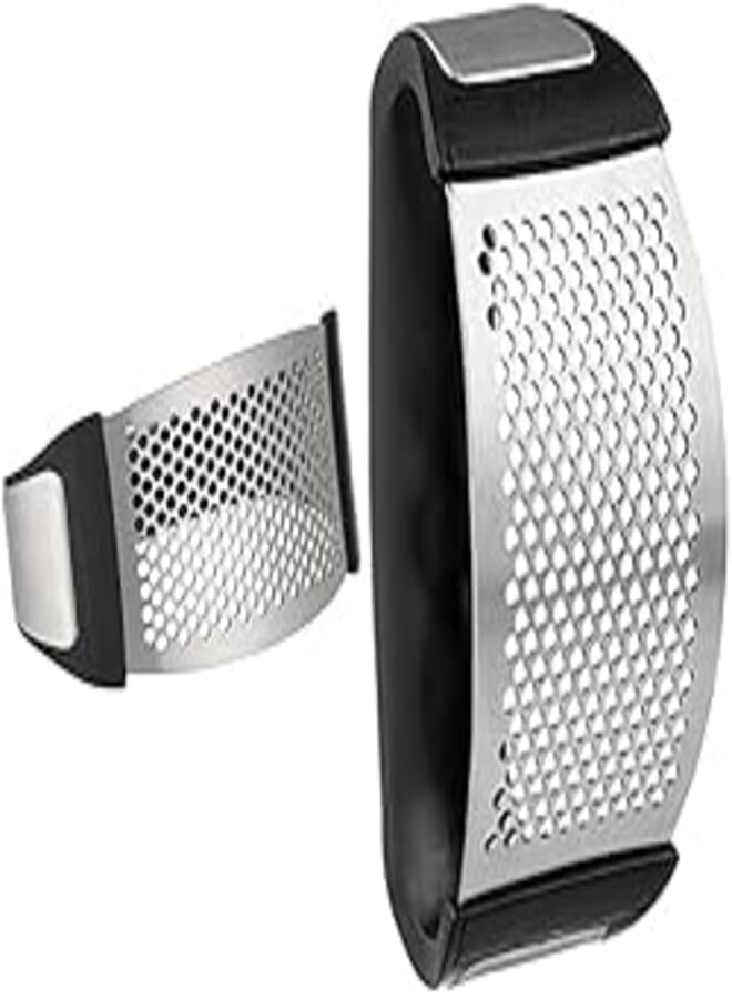 Stainless steel garlic press with handle - silver and black + Stainless steel garlic presser with plastic handle - silver black 