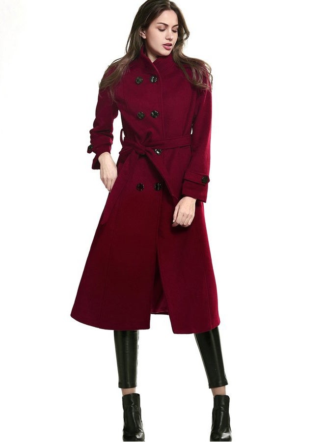 Escalier Women's Wool Trench Coat Winter Double-Breasted Jacket with Belts, Wine Red, L - Image 2