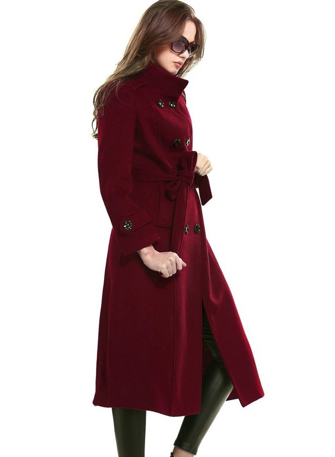 Escalier Women's Wool Trench Coat Winter Double-Breasted Jacket with Belts, Wine Red, L - Image 4