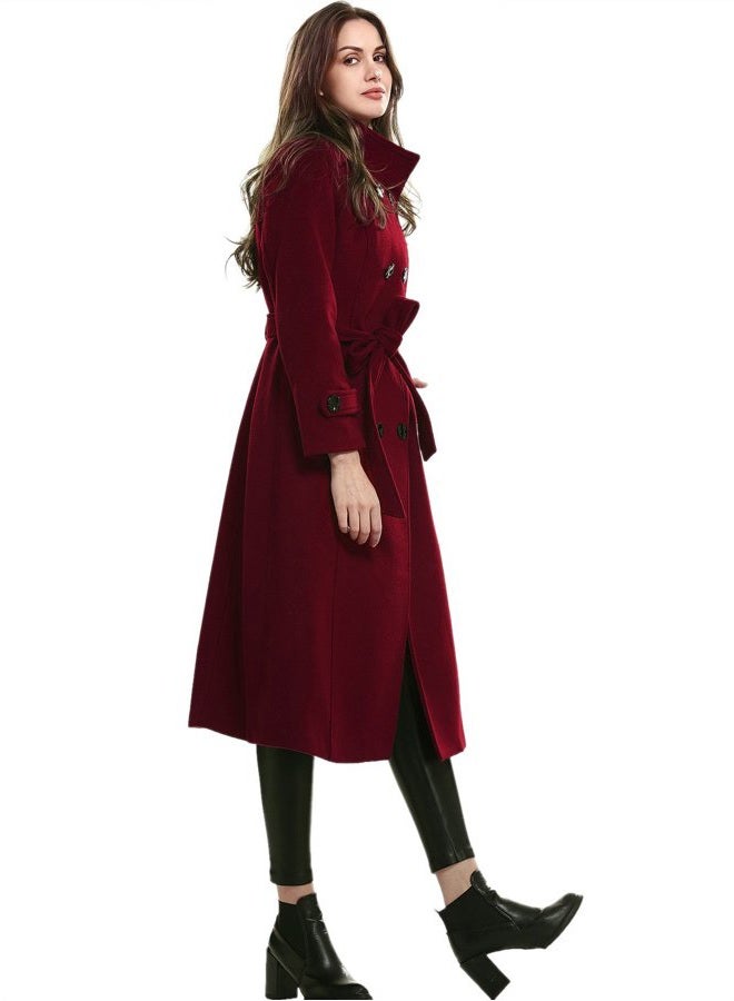 Escalier Women's Wool Trench Coat Winter Double-Breasted Jacket with Belts, Wine Red, L - Image 5