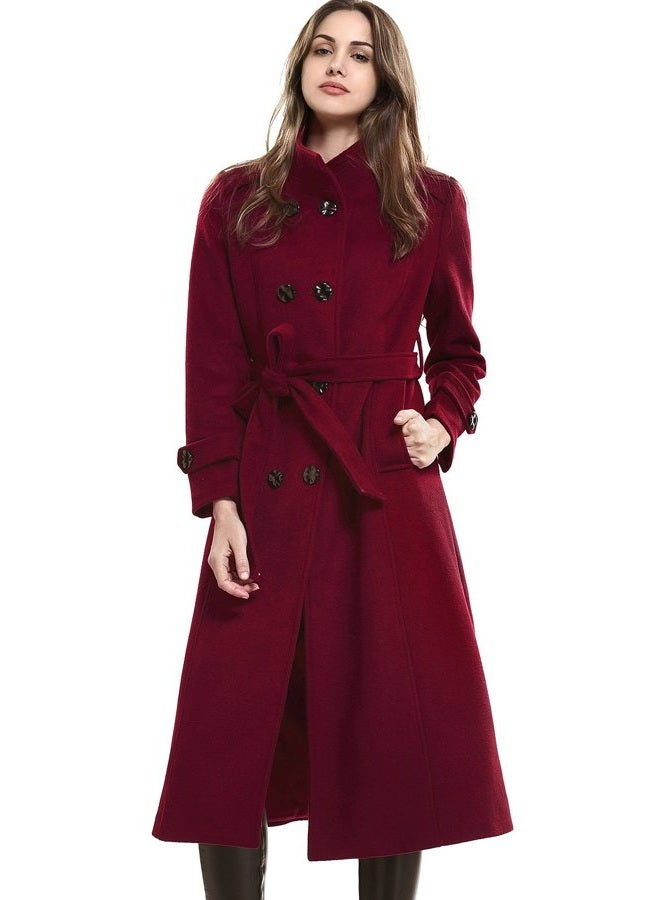 Escalier Women's Wool Trench Coat Winter Double-Breasted Jacket with Belts, Wine Red, L - Image 1