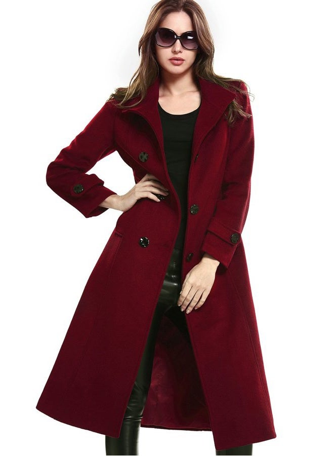Escalier Women's Wool Trench Coat Winter Double-Breasted Jacket with Belts, Wine Red, L - Image 3