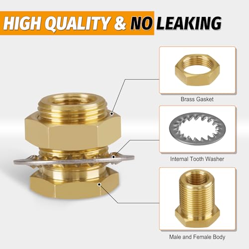 KOOTANS KOOTNAS 2-Pack Solid Brass Bulkhead Fittings, 3/8 NPT Taper Female 1" Straight Male Thread Brass Connector with Metal Wave Ring, 1.32" Length for Water Tank, Pipes, Faucets, Hoses, Pipe Fittings - Image 4