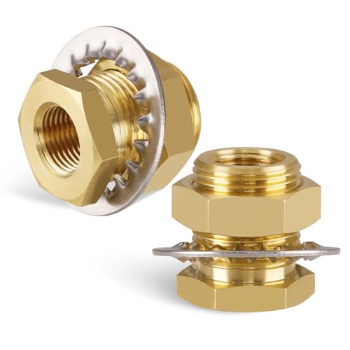 KOOTANS KOOTNAS 2-Pack Solid Brass Bulkhead Fittings, 3/8 NPT Taper Female 1" Straight Male Thread Brass Connector with Metal Wave Ring, 1.32" Length for Water Tank, Pipes, Faucets, Hoses, Pipe Fittings - Image 1