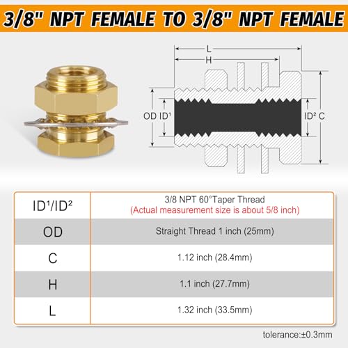 KOOTANS KOOTNAS 2-Pack Solid Brass Bulkhead Fittings, 3/8 NPT Taper Female 1" Straight Male Thread Brass Connector with Metal Wave Ring, 1.32" Length for Water Tank, Pipes, Faucets, Hoses, Pipe Fittings - Image 2