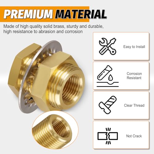 KOOTANS KOOTNAS 2-Pack Solid Brass Bulkhead Fittings, 3/8 NPT Taper Female 1" Straight Male Thread Brass Connector with Metal Wave Ring, 1.32" Length for Water Tank, Pipes, Faucets, Hoses, Pipe Fittings - Image 3