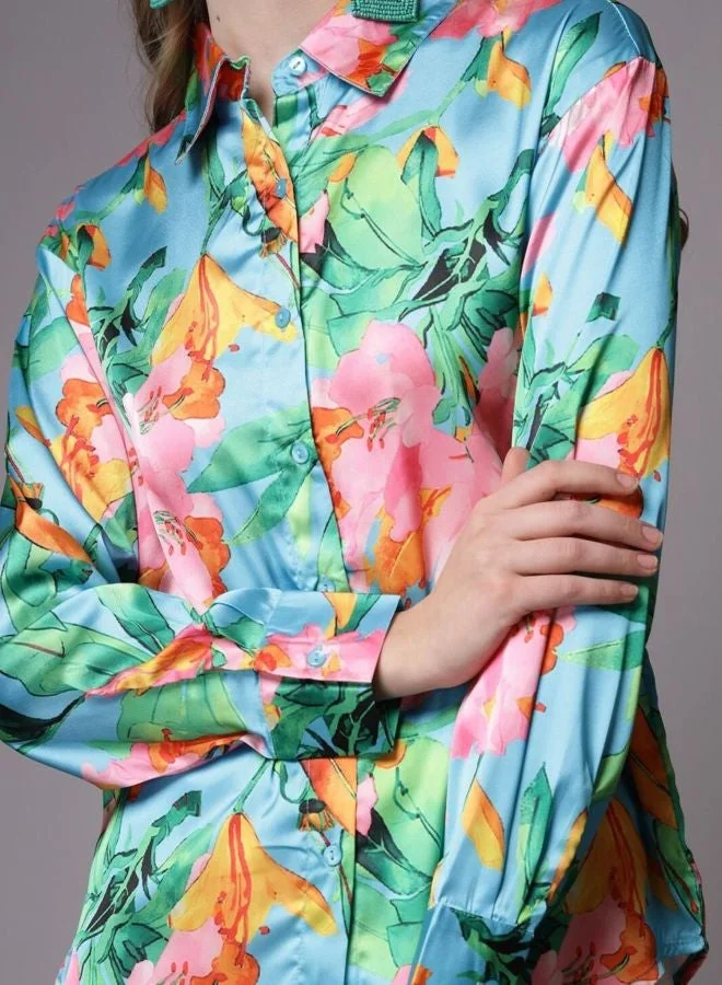 مرفوعة Women Regular Fit Tropical Printed Shirt Collar Long Sleeve Shirt