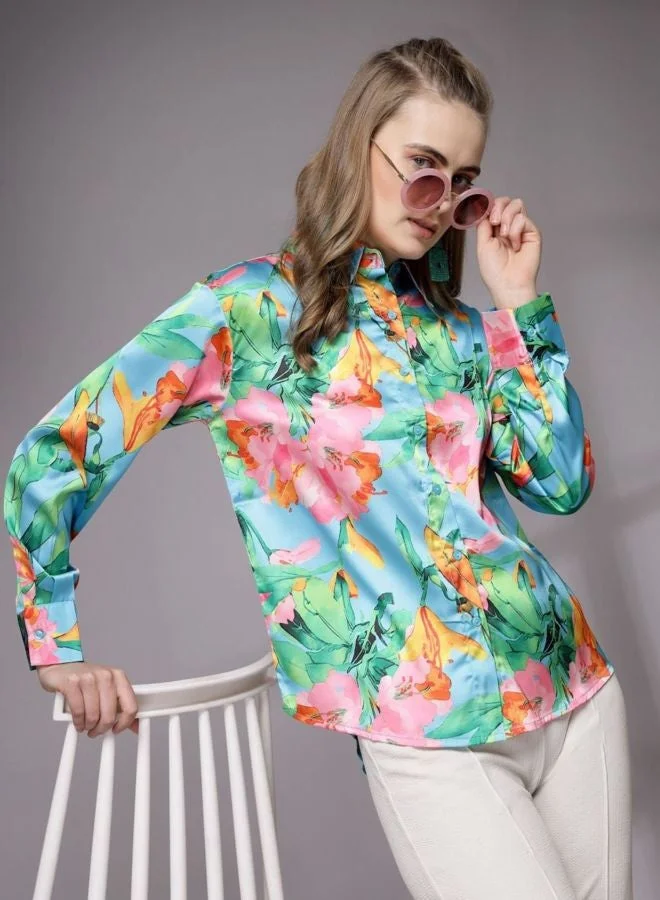 مرفوعة Women Regular Fit Tropical Printed Shirt Collar Long Sleeve Shirt