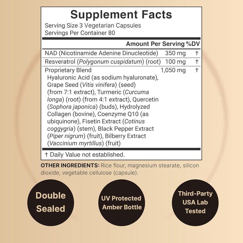 NatureBell NAD+ 1,500mg Per Serving, 240 Veggie Capsules | 11-in-1 Complex with Resveratrol, Hyaluronic Acid, Quercetin, Fisetin, and Collagen - Image 2