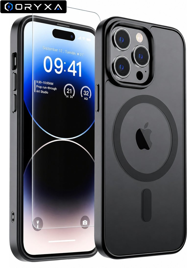 ORYXA iPhone 14 Pro Max Case, 2 IN 1 Magnetic Phone Cover + Screen Protector, For iPhone 14 Pro Max, Compatible with MagSafe, Translucent Matte Shockproof Cover, Slim Full Protection, Black - Image 1