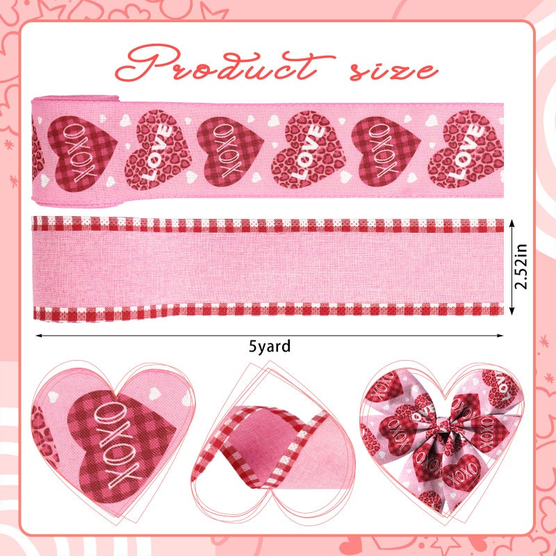 Glodecart Valentine's Day Ribbon - 2 Rolls, Wired Pink Love Wreath Bow Wrapping Ribbon, 2.5" X 10 Yard - Image 2