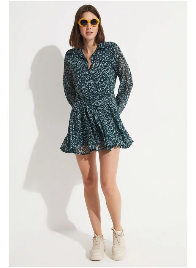 جون June Patterned Pleated Mini Dress Green