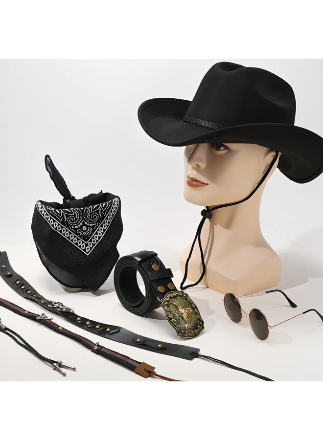ZhouBoat 7Pcs Cowboy Costume Outfit for Men Women, Black Western Cowboy Hat Accessories Set for Halloween Party Cosplay - Image 3