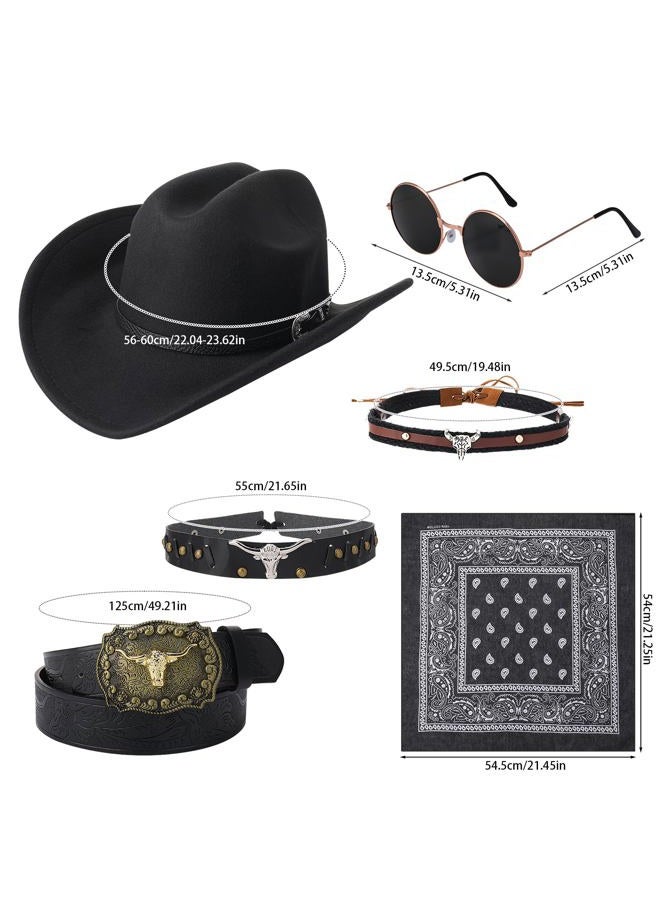 ZhouBoat 7Pcs Cowboy Costume Outfit for Men Women, Black Western Cowboy Hat Accessories Set for Halloween Party Cosplay - Image 2