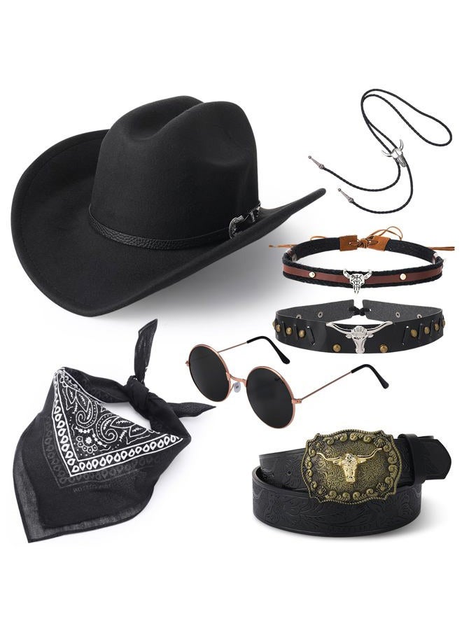 ZhouBoat 7Pcs Cowboy Costume Outfit for Men Women, Black Western Cowboy Hat Accessories Set for Halloween Party Cosplay - Image 1