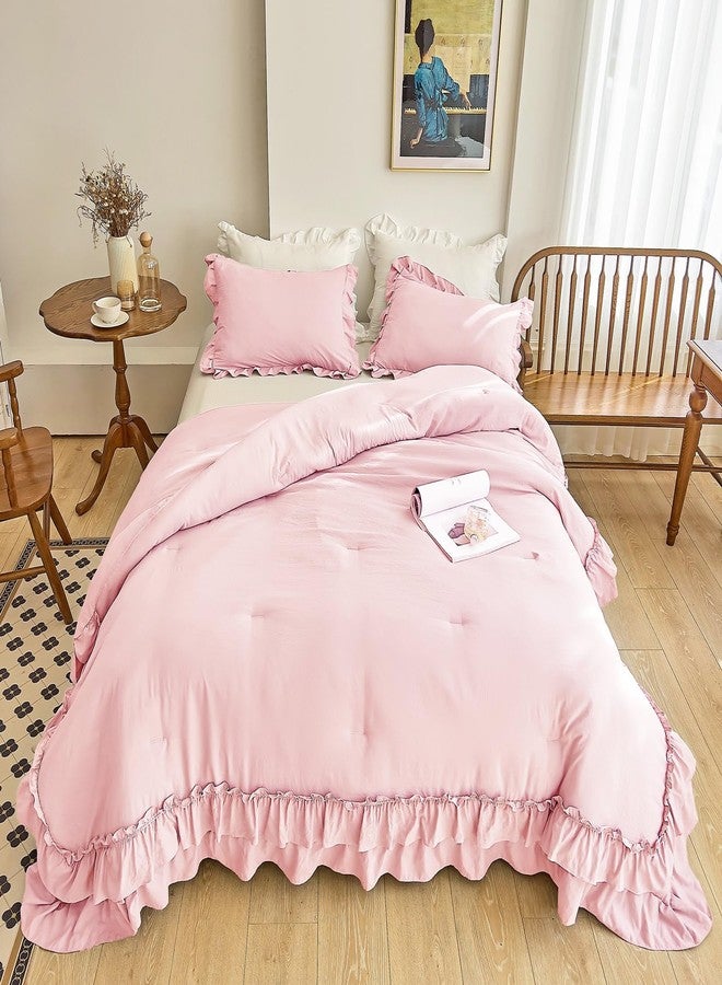 AIKASY Peach Pink Ruffle Comforter Queen, 3 Pieces Vintage Ruffle Fringe Comforter, Farmhouse Rustic Microfiber Down Alternative Bedding Comforter Set (1 Comforter + 2 Pillow Shams) - Image 2