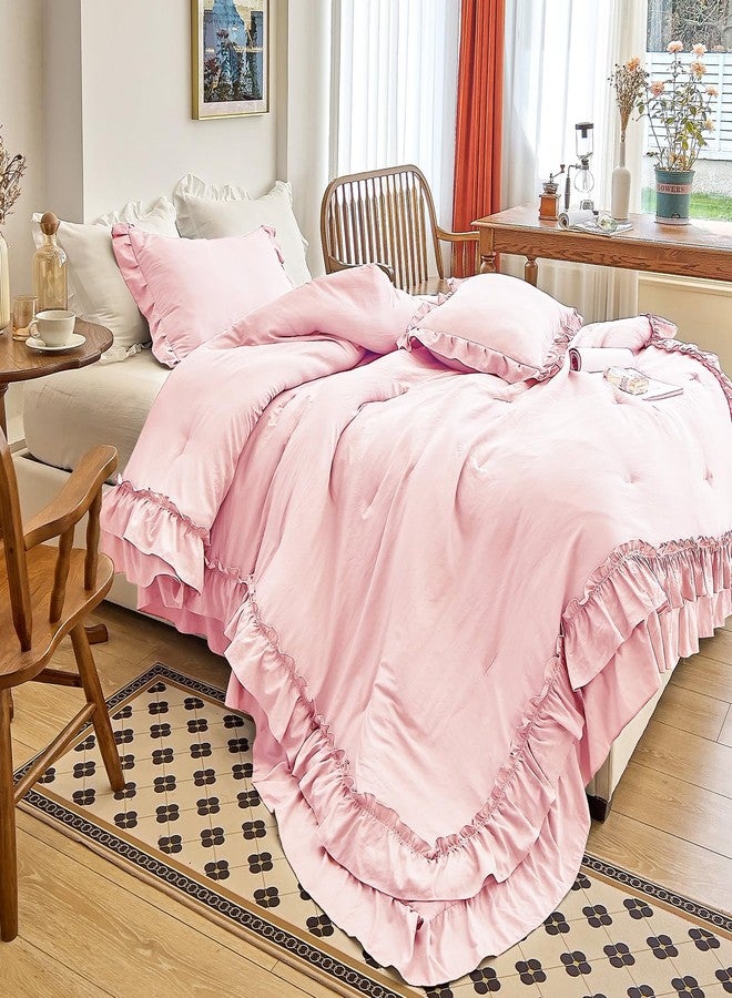 AIKASY Peach Pink Ruffle Comforter Queen, 3 Pieces Vintage Ruffle Fringe Comforter, Farmhouse Rustic Microfiber Down Alternative Bedding Comforter Set (1 Comforter + 2 Pillow Shams) - Image 5