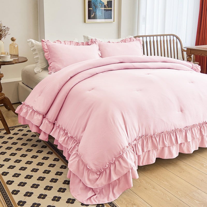 AIKASY Peach Pink Ruffle Comforter Queen, 3 Pieces Vintage Ruffle Fringe Comforter, Farmhouse Rustic Microfiber Down Alternative Bedding Comforter Set (1 Comforter + 2 Pillow Shams) - Image 1