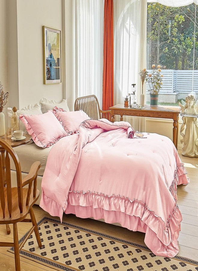 AIKASY Peach Pink Ruffle Comforter Queen, 3 Pieces Vintage Ruffle Fringe Comforter, Farmhouse Rustic Microfiber Down Alternative Bedding Comforter Set (1 Comforter + 2 Pillow Shams) - Image 4