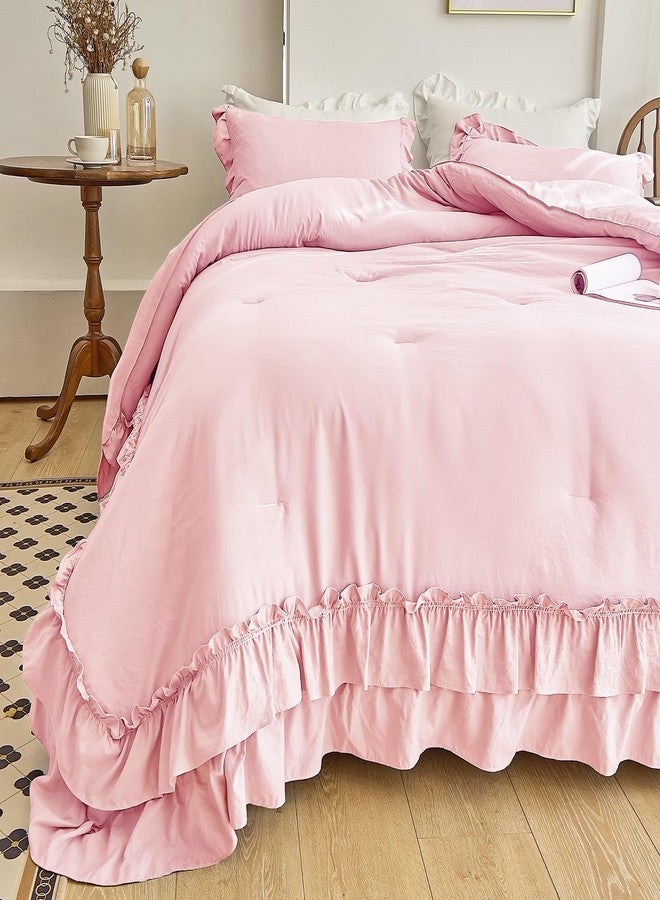 AIKASY Peach Pink Ruffle Comforter Queen, 3 Pieces Vintage Ruffle Fringe Comforter, Farmhouse Rustic Microfiber Down Alternative Bedding Comforter Set (1 Comforter + 2 Pillow Shams) - Image 3
