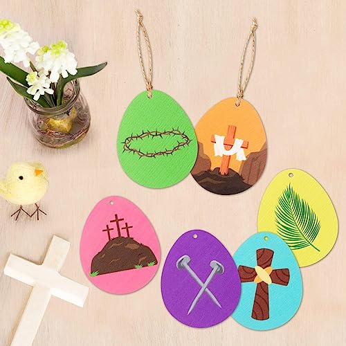 Haooryx Easter Decorative Hanging Ornaments - 25Pcs Easter Resurrection Eggs Shapes Wooden Ornaments Decorations Wood Slices Hanging Pendants Giftwrap Tags Christian Sunday School Church Gift Wrapping - Image 5