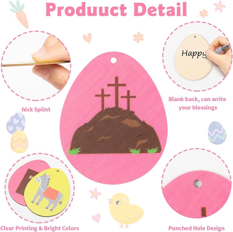 Haooryx Easter Decorative Hanging Ornaments - 25Pcs Easter Resurrection Eggs Shapes Wooden Ornaments Decorations Wood Slices Hanging Pendants Giftwrap Tags Christian Sunday School Church Gift Wrapping - Image 4