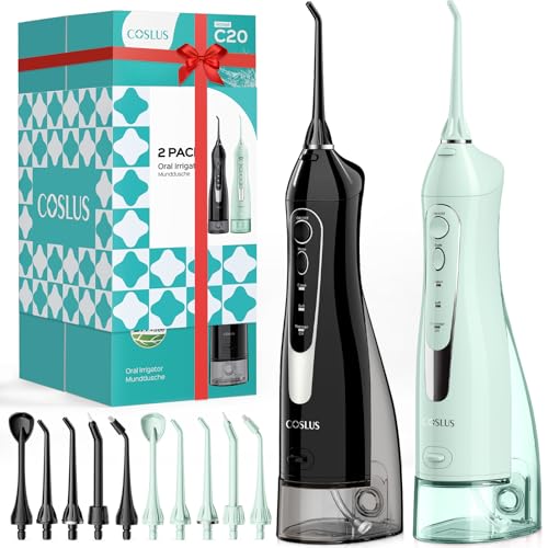 COSLUS 2 Pack Cordless Water Flosser with Elegant Packaging for Teeth, Braces, Gums Care - Easy to Use, Rechargeable, Waterproof, Portable for Travel, BPA-Free, Black & Green, C20(F5020E) - Image 1
