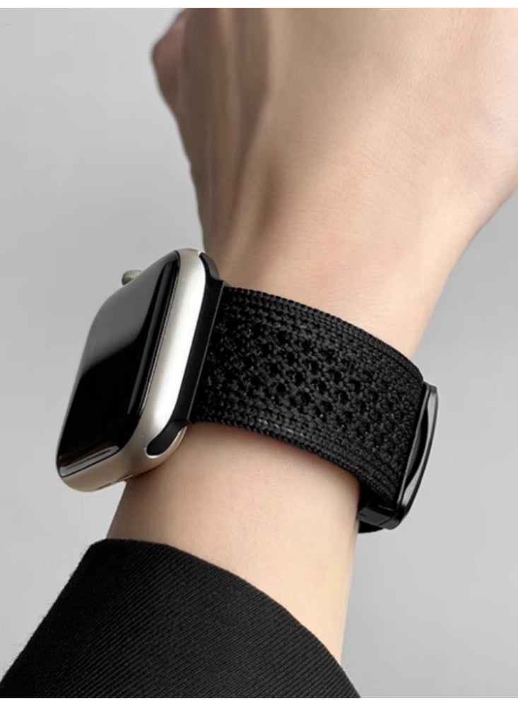 التنفس المنسوجة النايلون المنسوجة المغناطيسية مشبك الشريط IWatch الرياضة الشريط الأسود مناسبة لـ iWatch 4/5/6 44mm - Image 4