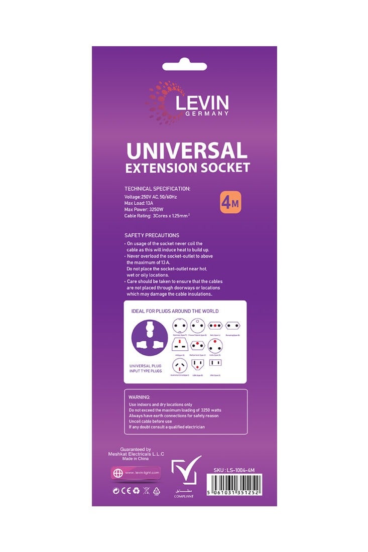 Levin Germany 4-Way Universal Extension Socket | 4M Cable | Fireproof Material | 3250W High Load | Multi Plug Support | 2-Year Warranty - Image 2