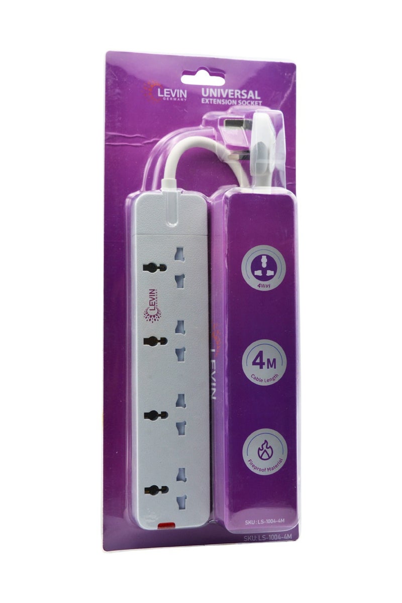 Levin Germany 4-Way Universal Extension Socket | 4M Cable | Fireproof Material | 3250W High Load | Multi Plug Support | 2-Year Warranty - Image 1