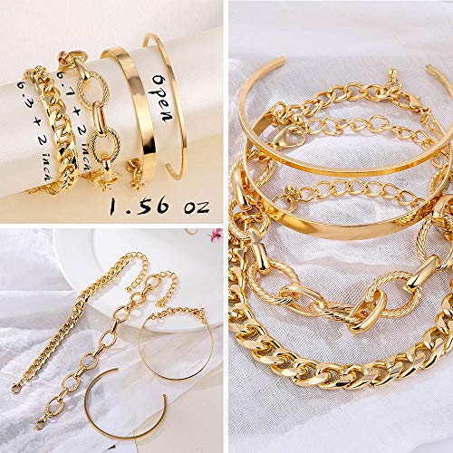 IFKM 6 PACK (24 PCS) Boho Gold Chain Bracelets Set for Women, 14K Gold Plated Multiple Layered Stackable Open Cuff Wrap Adjustable Link Italian Cuban Jewelry Gift - Image 5